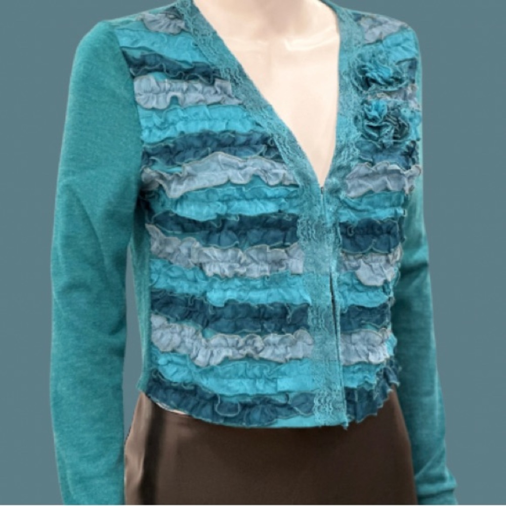 Delicate Teal Ruffled Detailed Cardigan Sweater